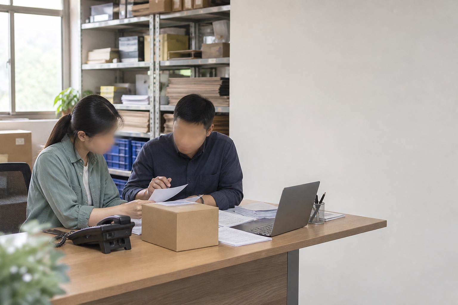 商贸企业员工在订单和样品旁核对资料